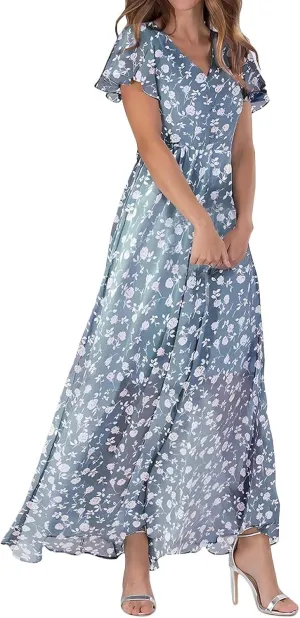 Women's Boho Flowy Short Sleeve Pockets Short Sleeve Dresses Flowy Beach Swing Dress Empire Waist Dress with Pockets