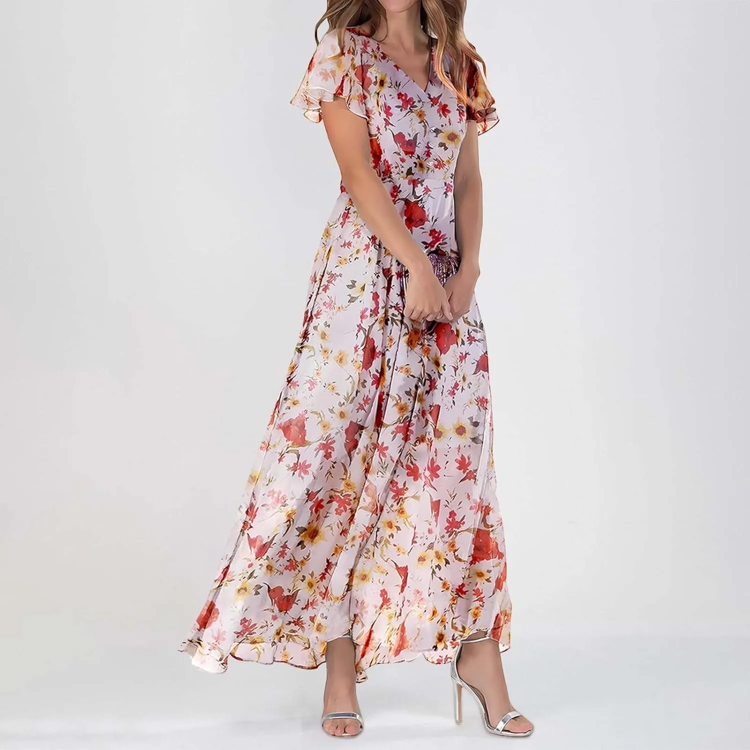 Women's Boho Flowy Short Sleeve Pockets Short Sleeve Dresses Flowy Beach Swing Dress Empire Waist Dress with Pockets