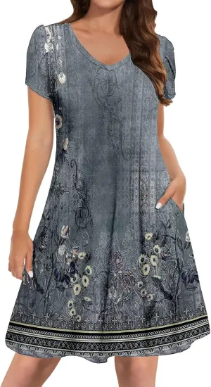 Women's Boho Flowy Short Sleeve Pockets Short Sleeve Dresses Flowy Beach Swing Dress Empire Waist Dress with Pockets