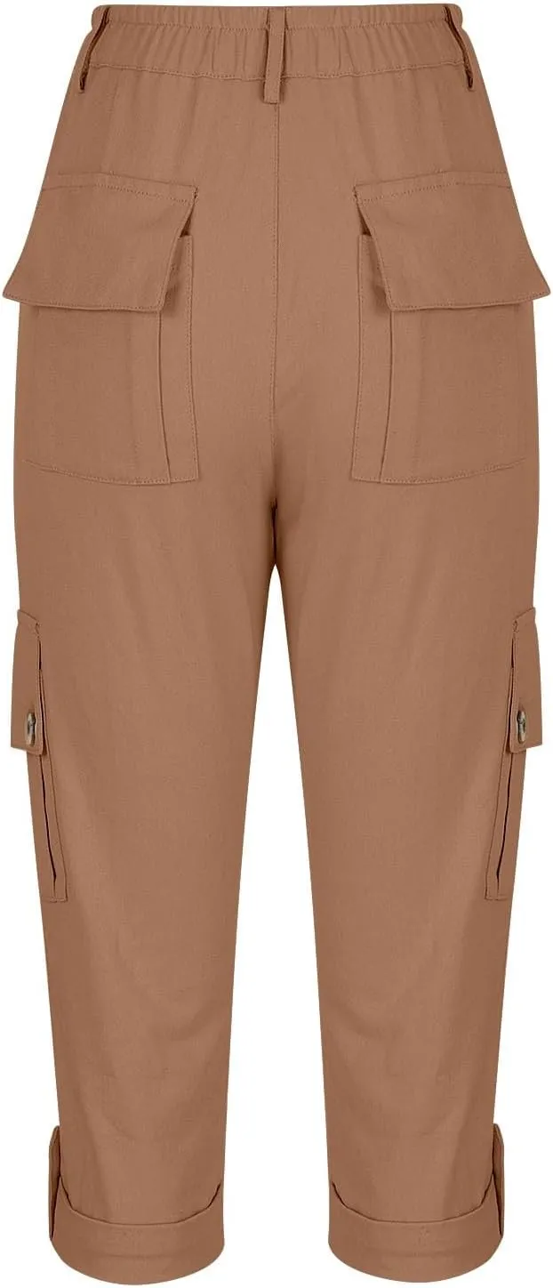Women's Casual Capri Pants Plus Size High Waist Dress Straight Leg Petite Athletic Capri Short Trousers with Pockets