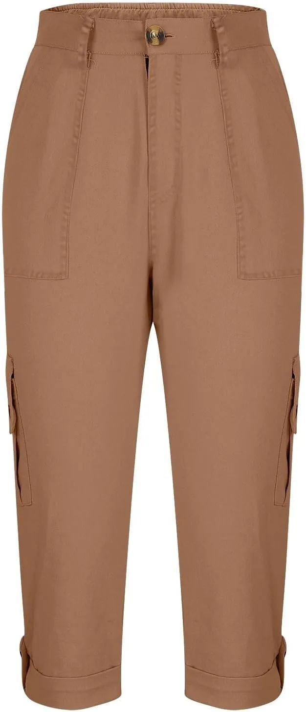 Women's Casual Capri Pants Plus Size High Waist Dress Straight Leg Petite Athletic Capri Short Trousers with Pockets