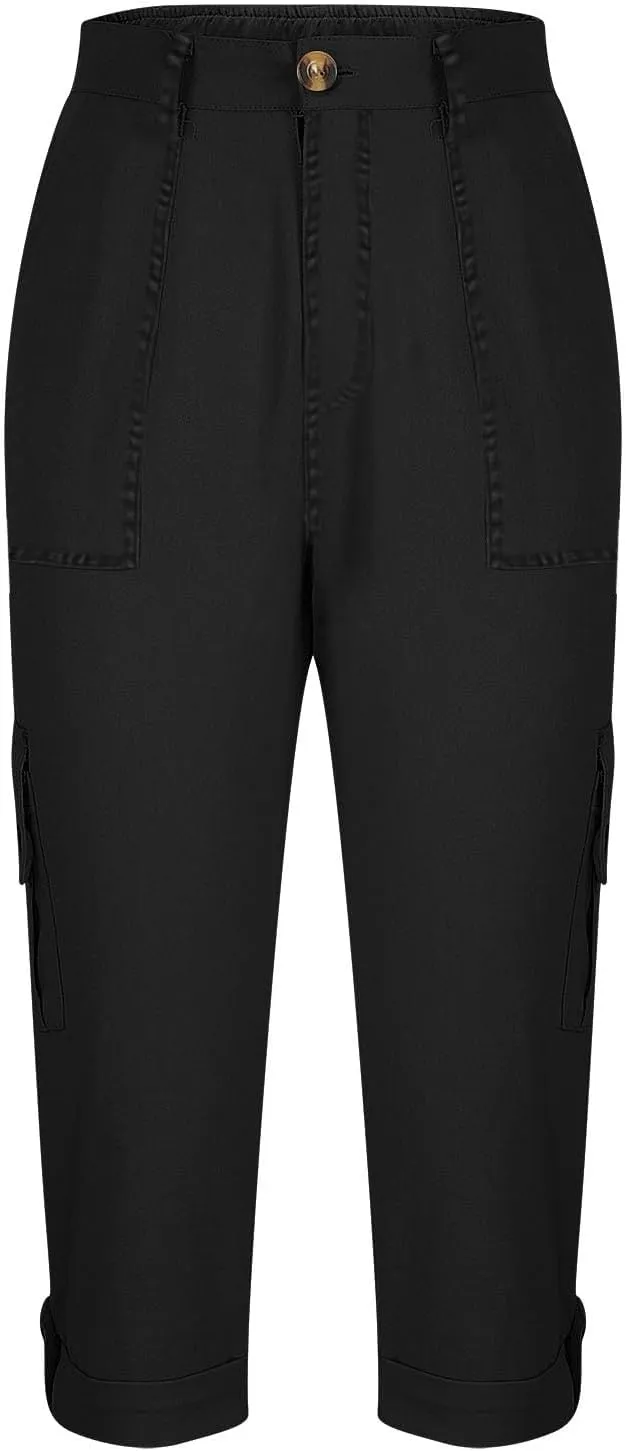 Women's Casual Capri Pants Plus Size High Waist Dress Straight Leg Petite Athletic Capri Short Trousers with Pockets