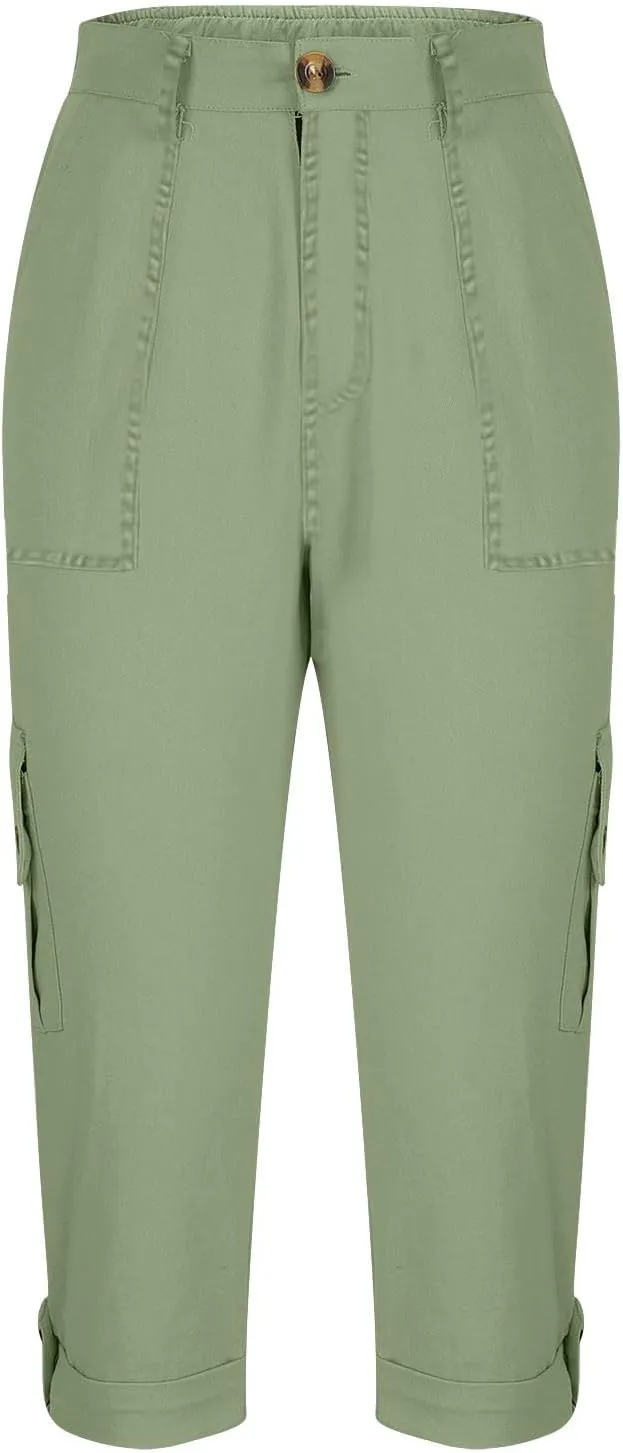 Women's Casual Capri Pants Plus Size High Waist Dress Straight Leg Petite Athletic Capri Short Trousers with Pockets