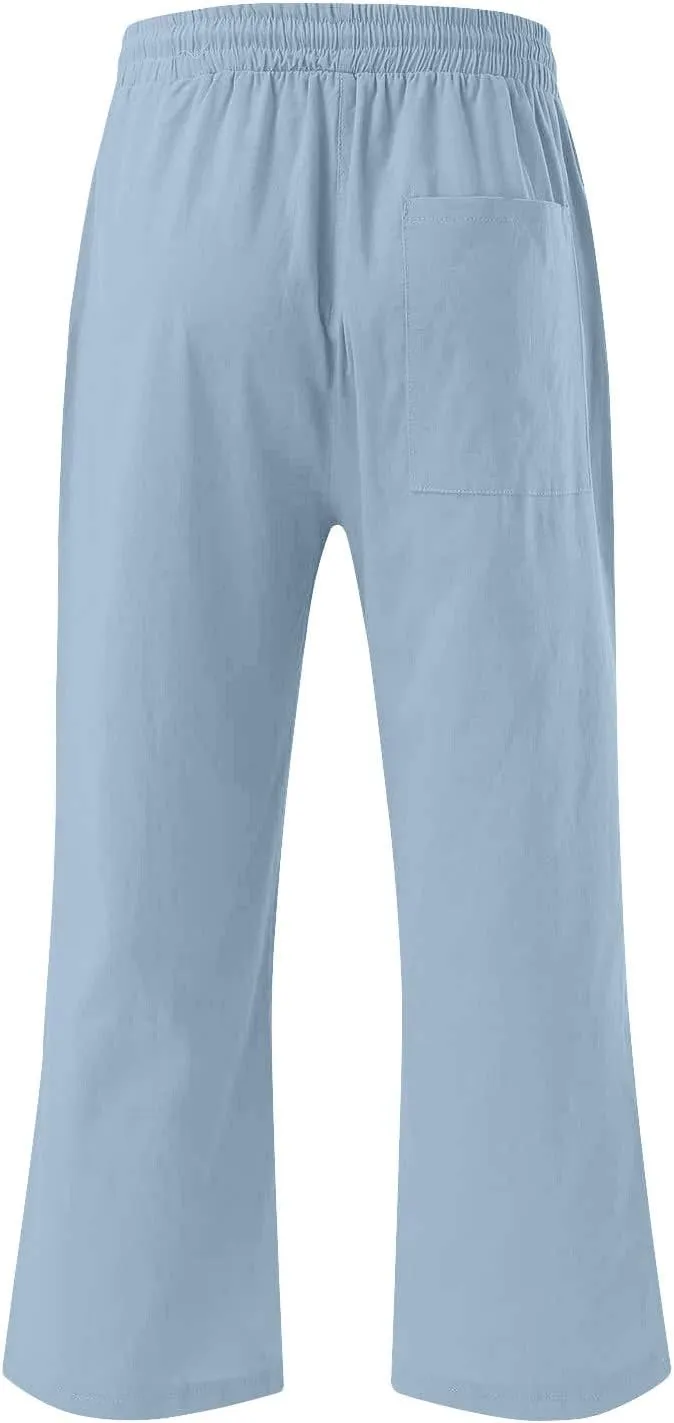 Womens Casual Capri Trousers Linen Drawstring Pocket Elastic Waisted Pants Loose Wide Leg Straight Leg Cycling Trousers