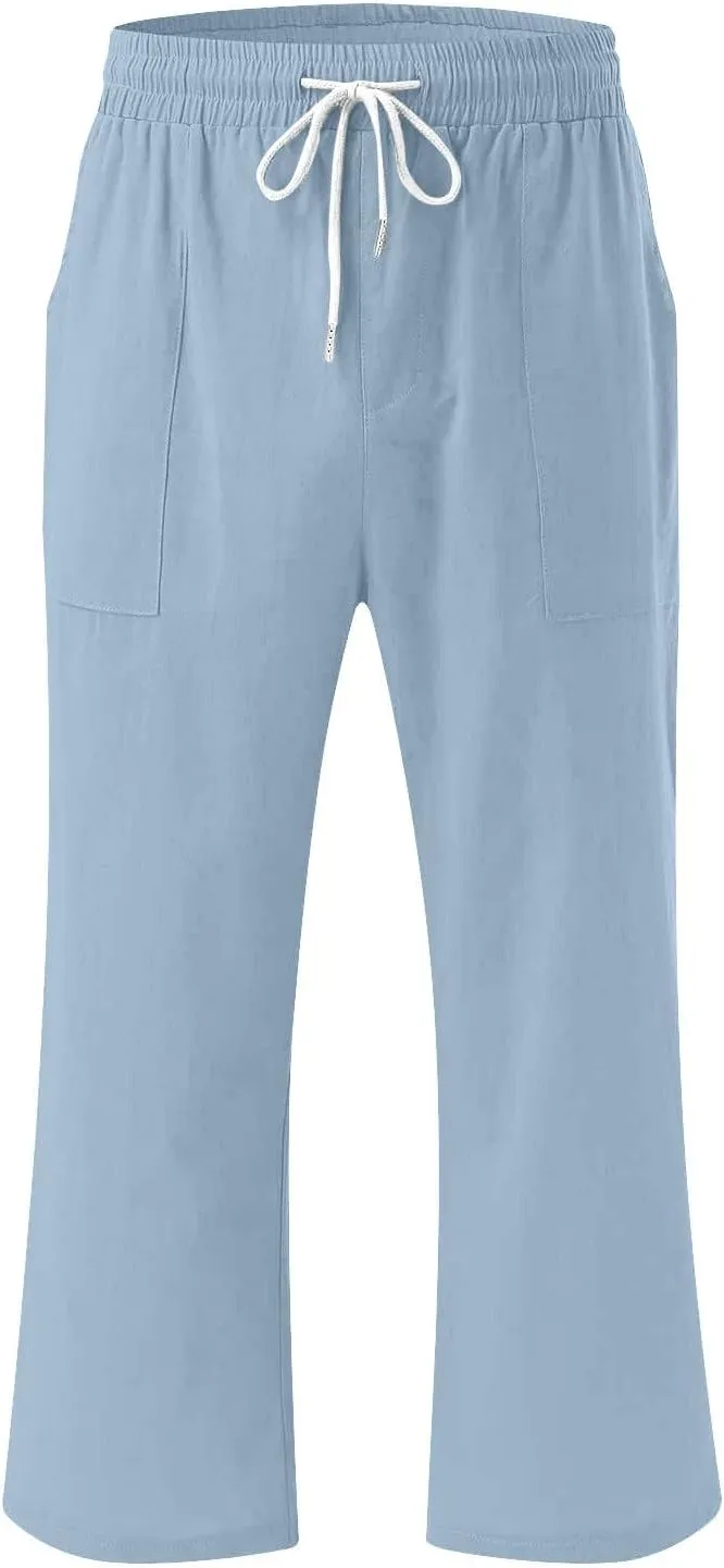 Womens Casual Capri Trousers Linen Drawstring Pocket Elastic Waisted Pants Loose Wide Leg Straight Leg Cycling Trousers