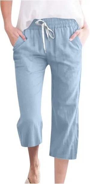 Womens Casual Capri Trousers Linen Drawstring Pocket Elastic Waisted Pants Loose Wide Leg Straight Leg Cycling Trousers