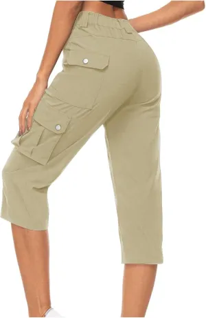 Womens Casual Cargo Capri Trousers Solid Elastic Waisted Pants with Pocket Gym Running Loose Straight Wide Leg Trousers