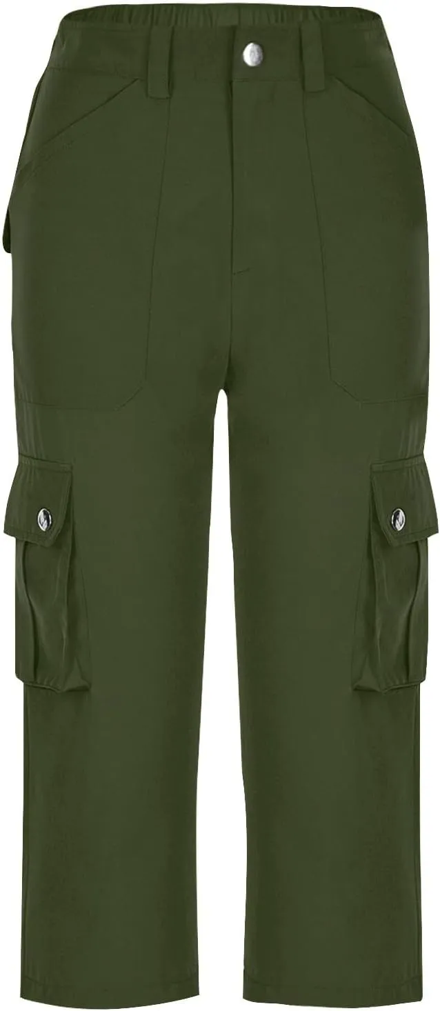 Womens Casual Cargo Capri Trousers Solid Elastic Waisted Pants with Pocket Gym Running Loose Straight Wide Leg Trousers