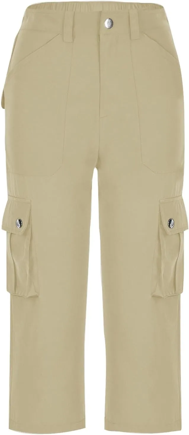 Womens Casual Cargo Capri Trousers Solid Elastic Waisted Pants with Pocket Gym Running Loose Straight Wide Leg Trousers