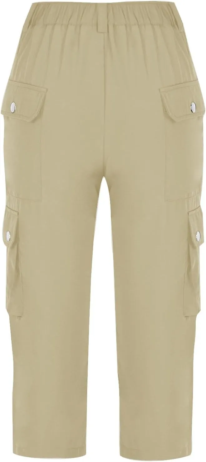 Womens Casual Cargo Capri Trousers Solid Elastic Waisted Pants with Pocket Gym Running Loose Straight Wide Leg Trousers