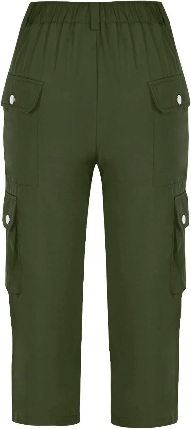 Womens Casual Cargo Capri Trousers Solid Elastic Waisted Pants with Pocket Gym Running Loose Straight Wide Leg Trousers