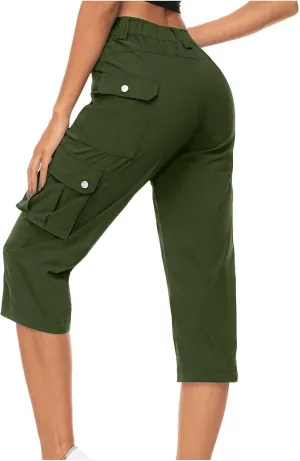 Womens Casual Cargo Capri Trousers Solid Elastic Waisted Pants with Pocket Gym Running Loose Straight Wide Leg Trousers