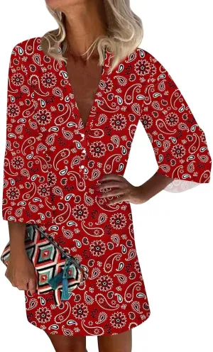 Women's Casual Dresses 3/4 Sleeve V Neck Floral Mini Dress Elegant Shift Short Dresses Tunic Dress