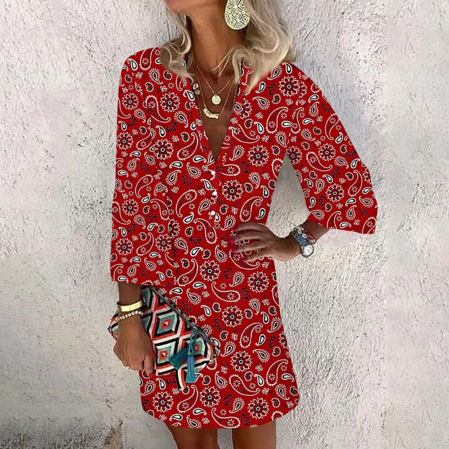 Women's Casual Dresses 3/4 Sleeve V Neck Floral Mini Dress Elegant Shift Short Dresses Tunic Dress