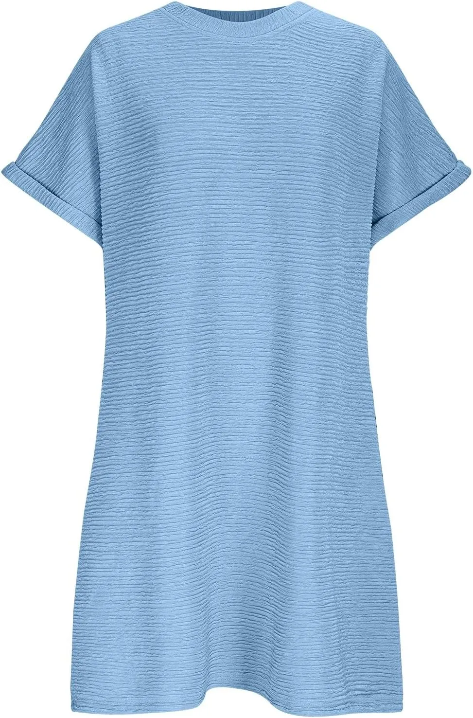 Womens Casual Dresses Trendy Fold Short Sleeve Round Neck Mini Dress Textured Summer Beach Vacation Dress with Pockets