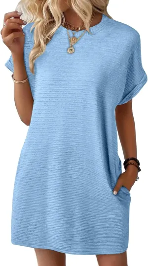 Womens Casual Dresses Trendy Fold Short Sleeve Round Neck Mini Dress Textured Summer Beach Vacation Dress with Pockets