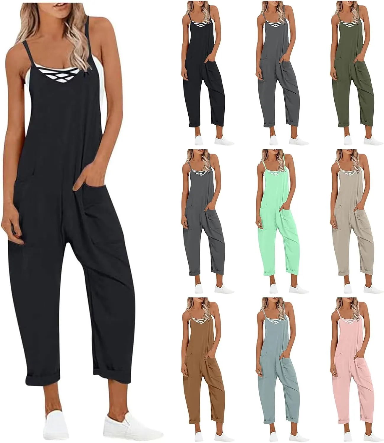 Womens Casual Jumpsuits 2025 Summer V Neck Sleeveless Spaghetti Strap Baggy Overalls One Piece Rompers Outfits