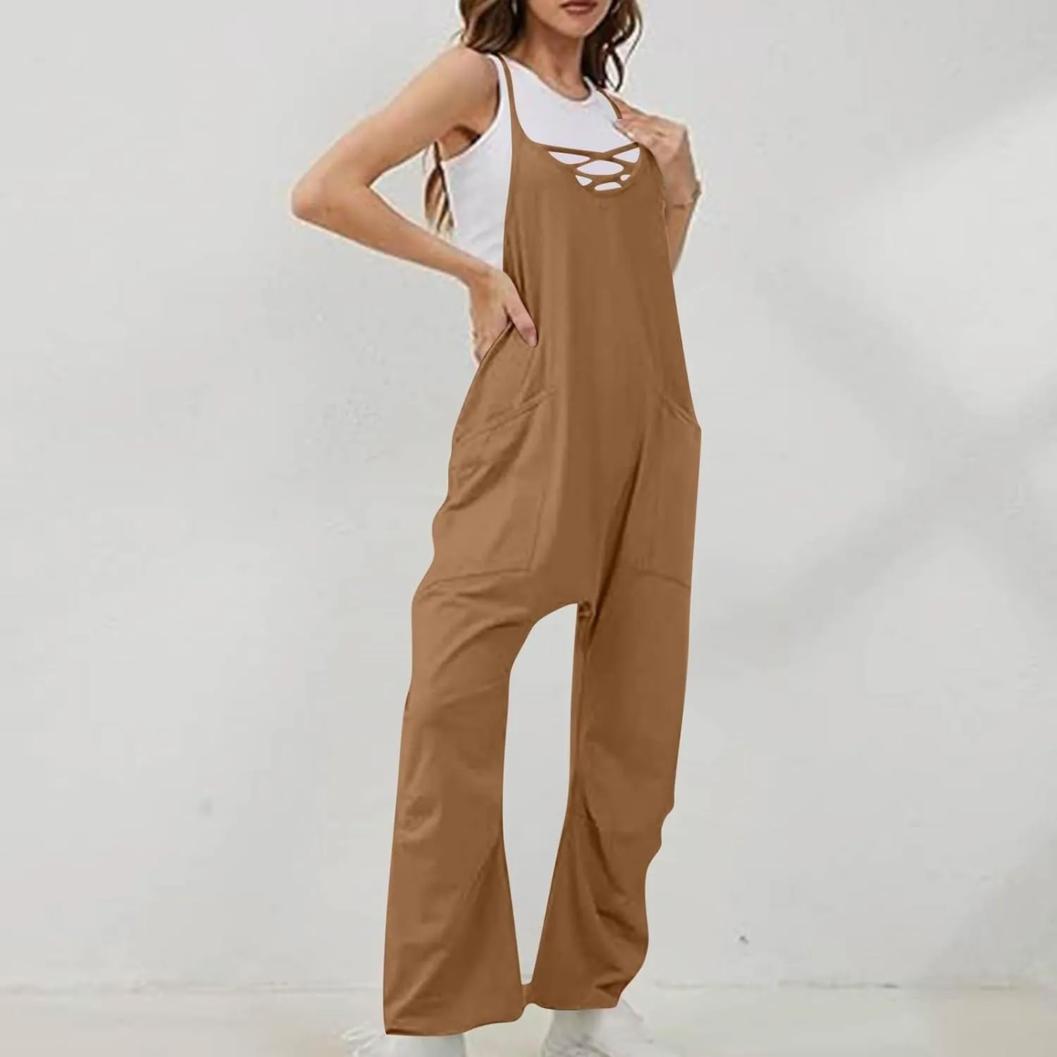 Womens Casual Jumpsuits 2025 Summer V Neck Sleeveless Spaghetti Strap Baggy Overalls One Piece Rompers Outfits