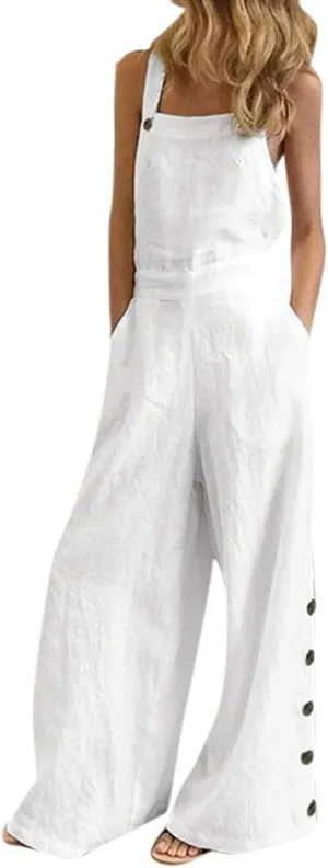 Women's Casual Jumpsuits Cotton Linen Front Pocket Loose Overalls One Piece Wide Leg Sleeveless Long Pants Rompers