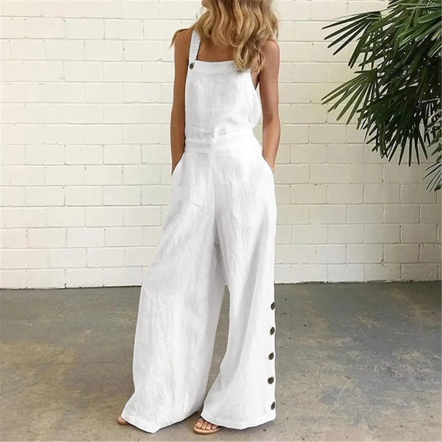 Women's Casual Jumpsuits Cotton Linen Front Pocket Loose Overalls One Piece Wide Leg Sleeveless Long Pants Rompers