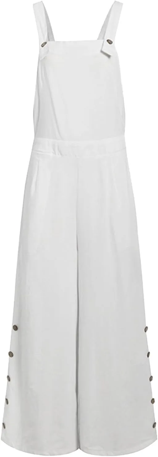 Women's Casual Jumpsuits Cotton Linen Front Pocket Loose Overalls One Piece Wide Leg Sleeveless Long Pants Rompers
