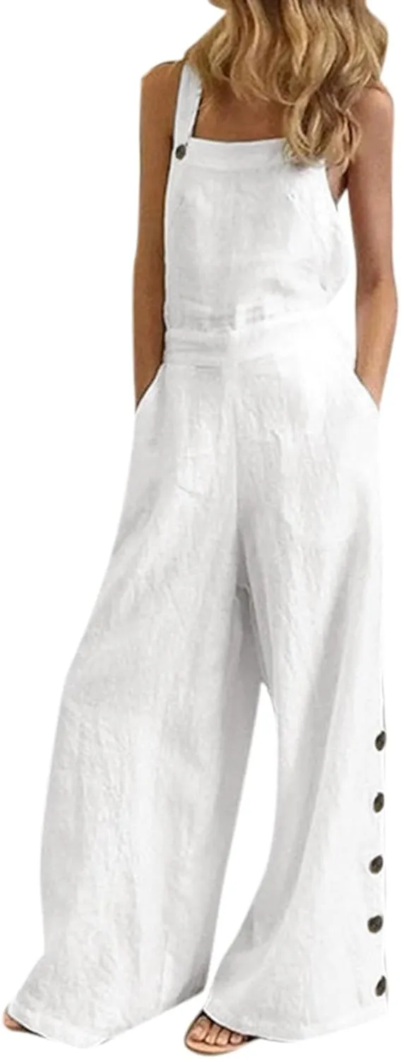 Women's Casual Jumpsuits Cotton Linen Front Pocket Loose Overalls One Piece Wide Leg Sleeveless Long Pants Rompers