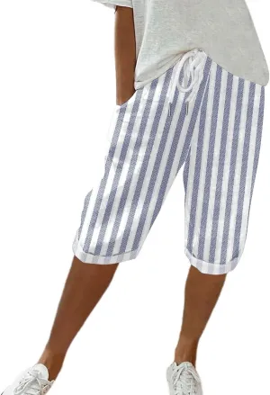 Womens Casual Linen High Waist Pants Vintage Floral Print Casual Plus Size Trendy Striped Spring Summer Gauze Pants