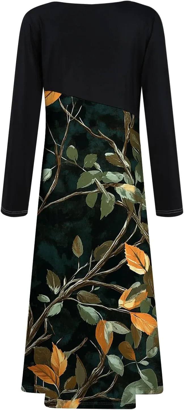 Women's Casual Long Sleeve V-Neck Long Dresses Light Pretty Graphic Print Summer Dress
