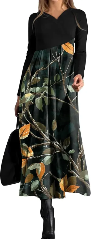 Women's Casual Long Sleeve V-Neck Long Dresses Light Pretty Graphic Print Summer Dress