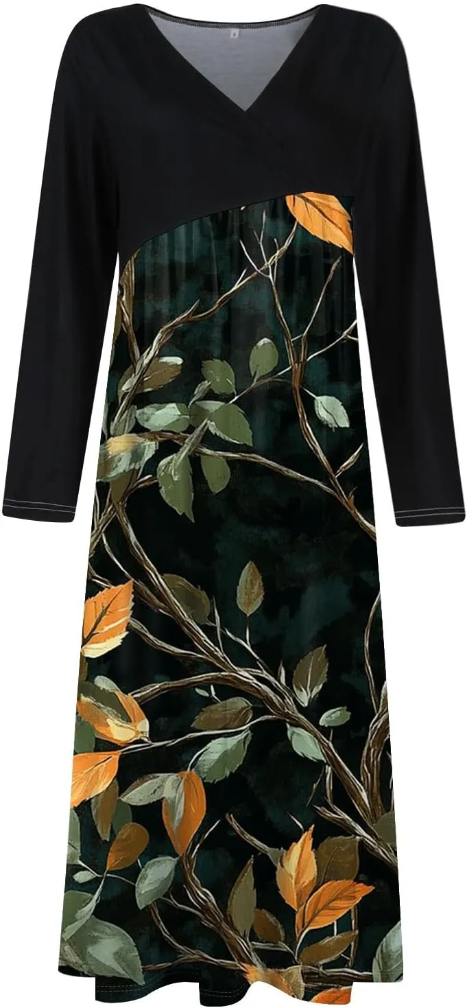 Women's Casual Long Sleeve V-Neck Long Dresses Light Pretty Graphic Print Summer Dress