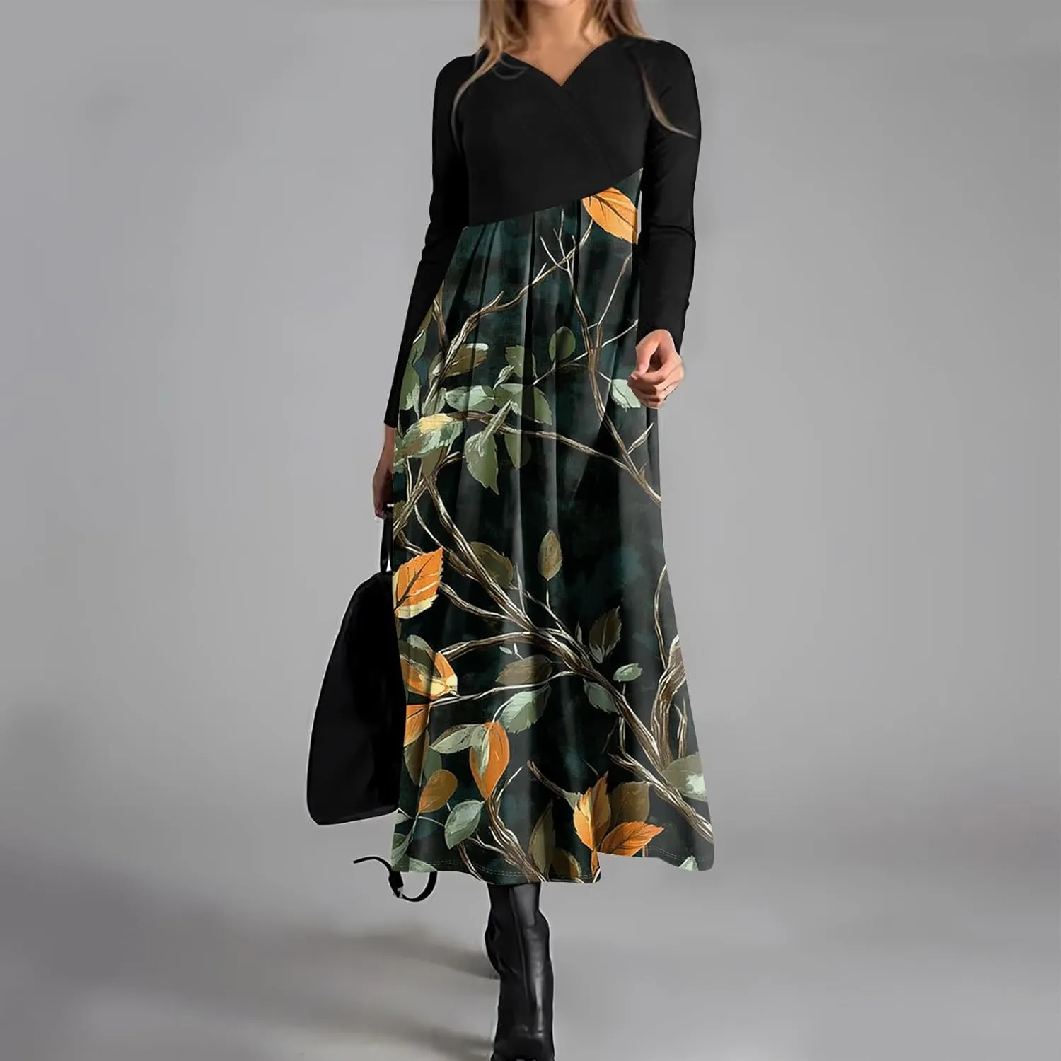 Women's Casual Long Sleeve V-Neck Long Dresses Light Pretty Graphic Print Summer Dress