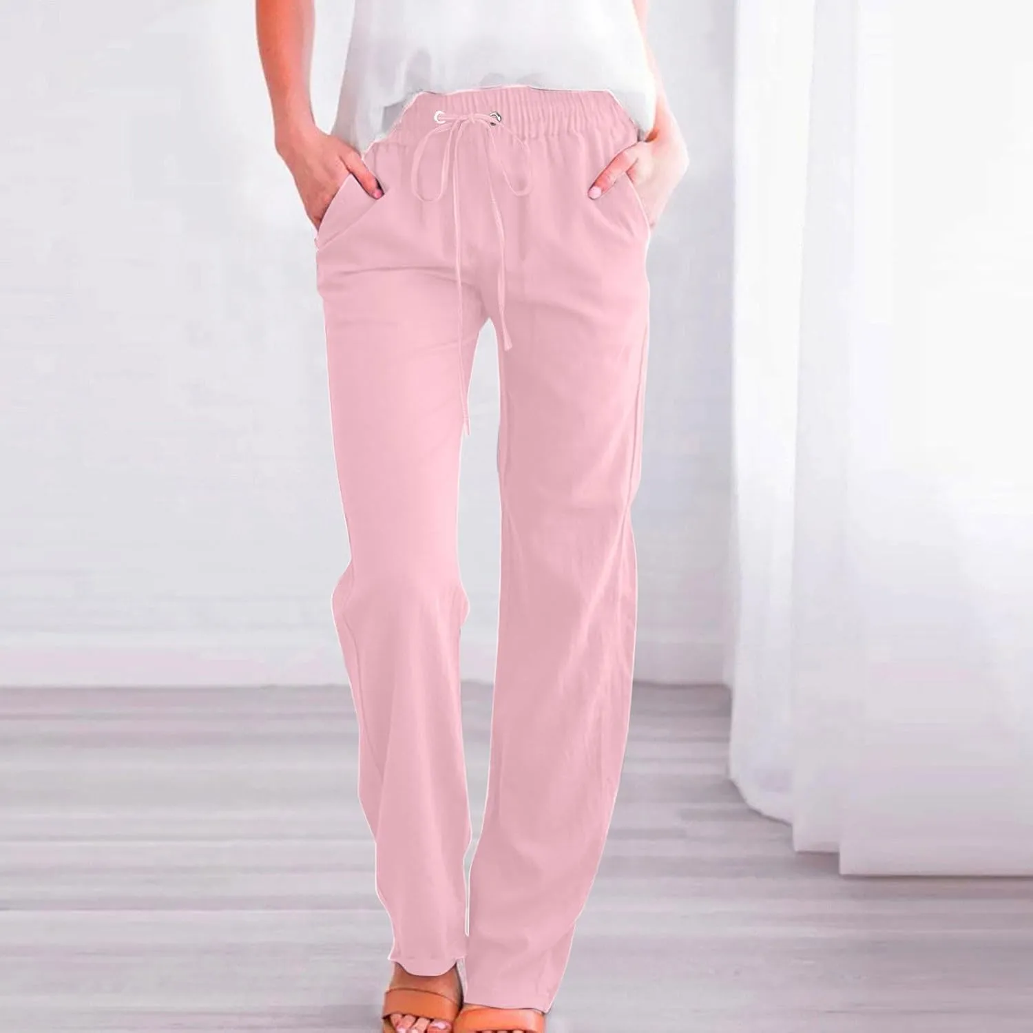 Women's Casual Trousers Solid Drawstring Linen Pants Loose Wide Leg Straight Leg Trousers Slim Fit Pants with Pocket