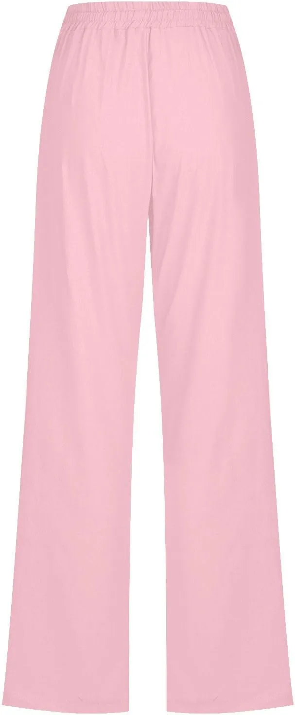 Women's Casual Trousers Solid Drawstring Linen Pants Loose Wide Leg Straight Leg Trousers Slim Fit Pants with Pocket