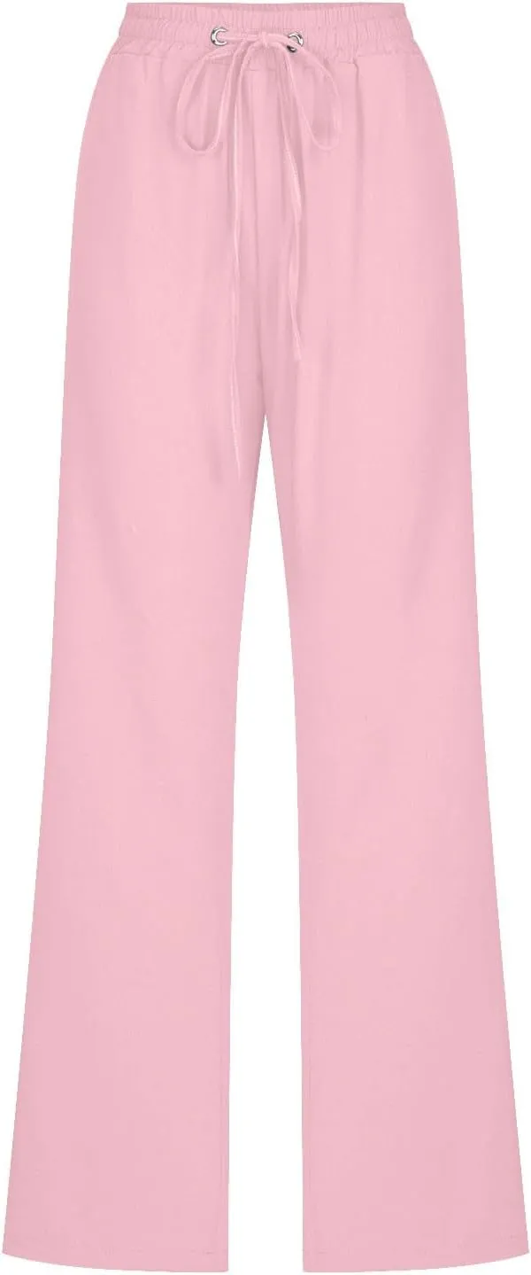 Women's Casual Trousers Solid Drawstring Linen Pants Loose Wide Leg Straight Leg Trousers Slim Fit Pants with Pocket