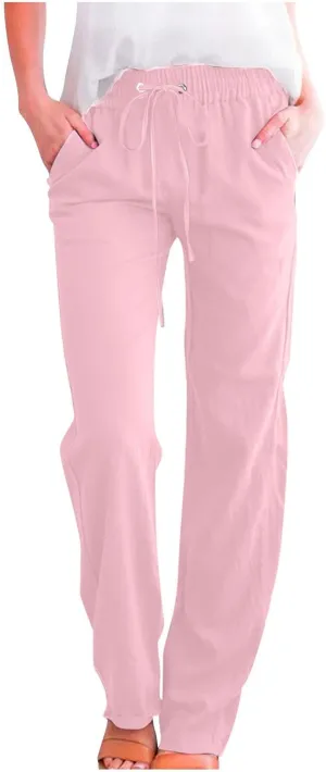 Women's Casual Trousers Solid Drawstring Linen Pants Loose Wide Leg Straight Leg Trousers Slim Fit Pants with Pocket
