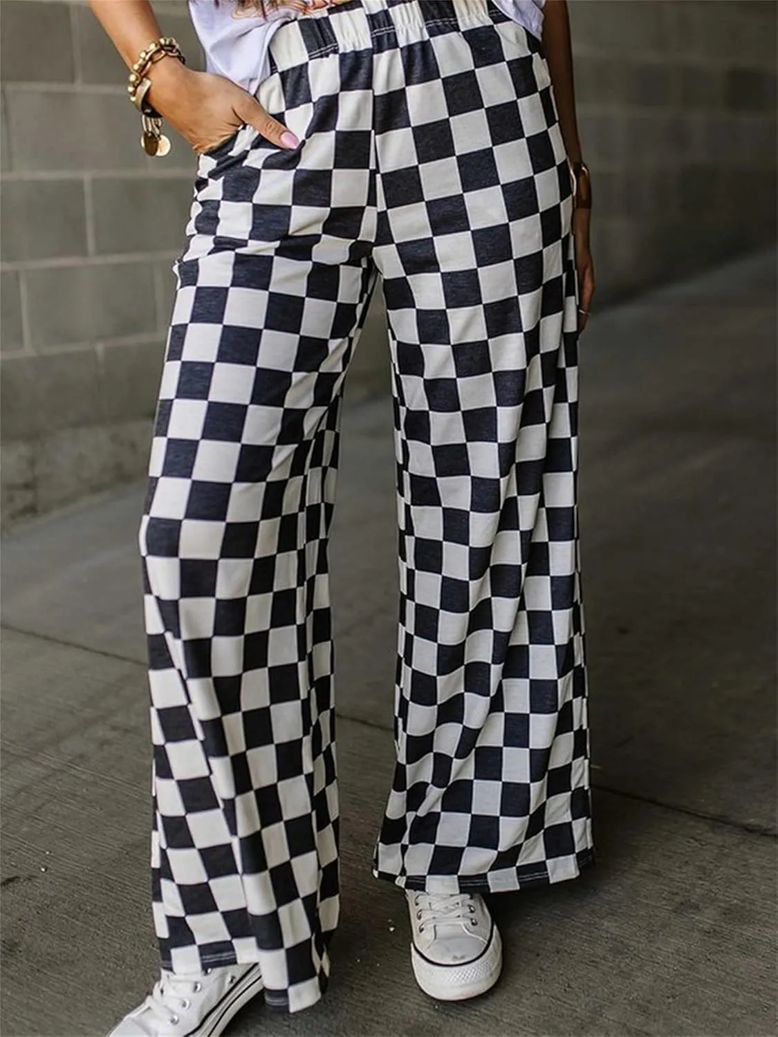 Women's Checkered Wide Leg Pants High Elastic Waisted Straight Loose Fitted LoungeTrouser Streetwear