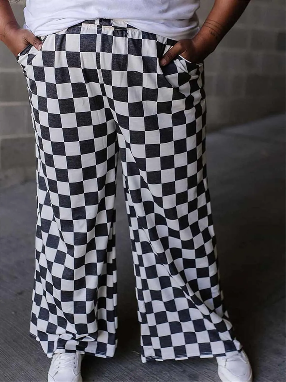 Women's Checkered Wide Leg Pants High Elastic Waisted Straight Loose Fitted LoungeTrouser Streetwear