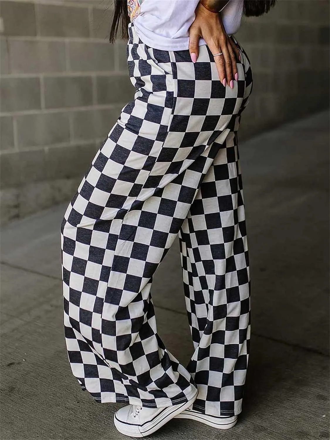 Women's Checkered Wide Leg Pants High Elastic Waisted Straight Loose Fitted LoungeTrouser Streetwear