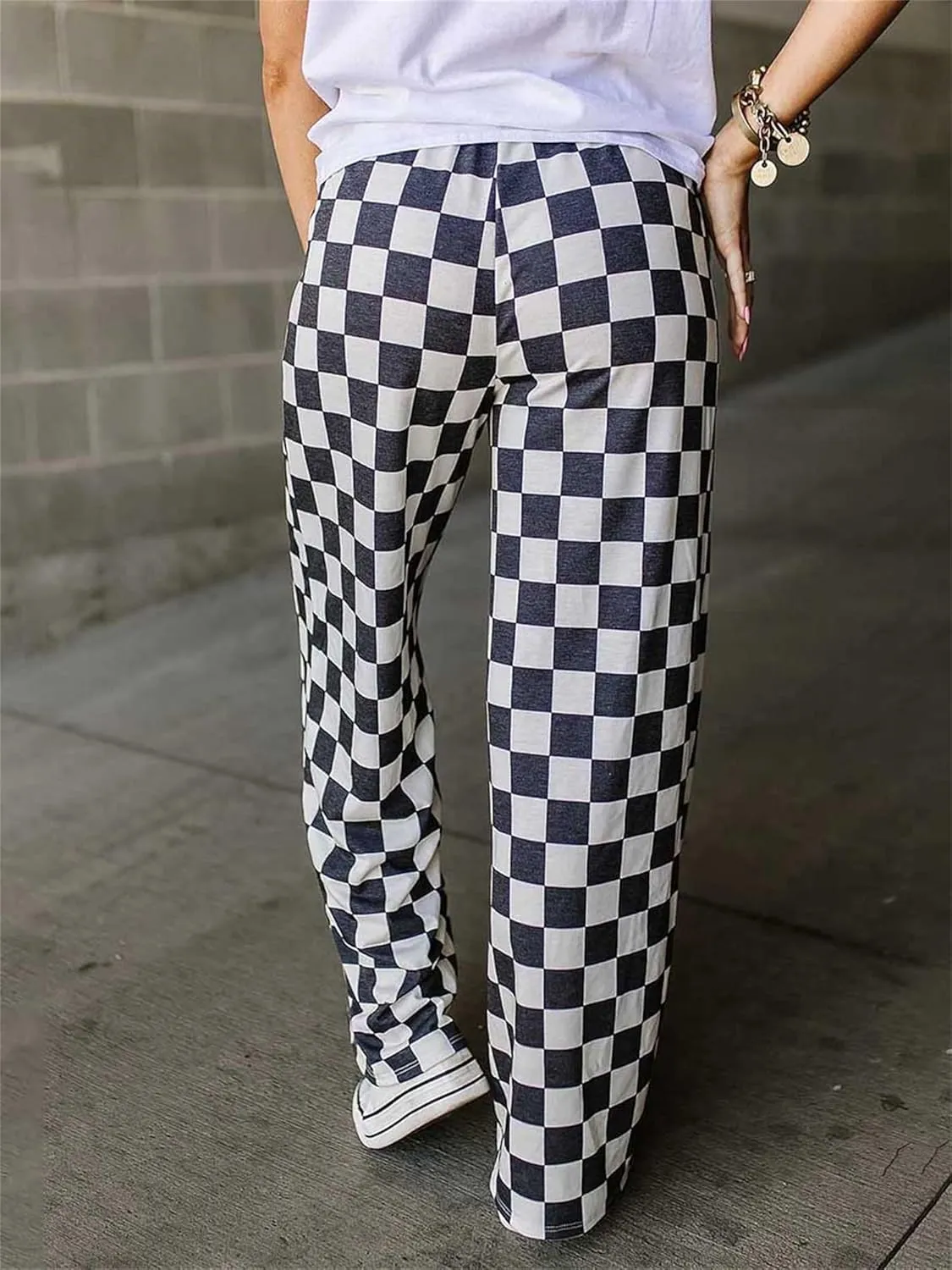 Women's Checkered Wide Leg Pants High Elastic Waisted Straight Loose Fitted LoungeTrouser Streetwear