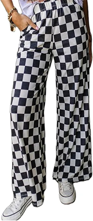 Women's Checkered Wide Leg Pants High Elastic Waisted Straight Loose Fitted LoungeTrouser Streetwear