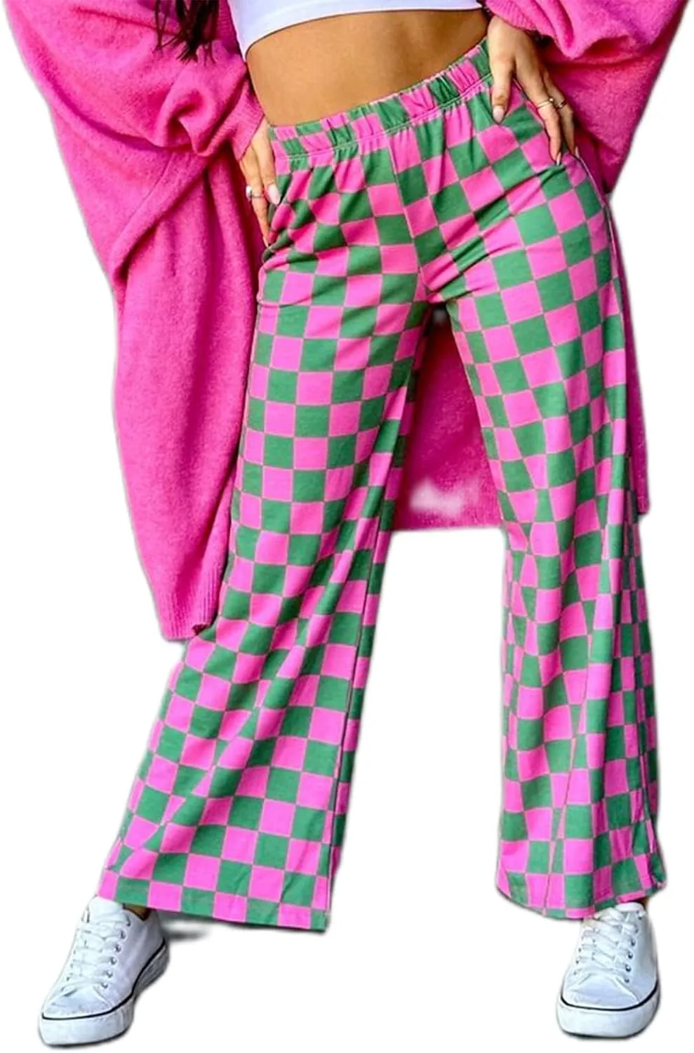 Womens Checkered Wide Leg Pants Y2K High Waisted Straight Plaid Trousers Gingham Baggy Lounge Streetwear with Pocket