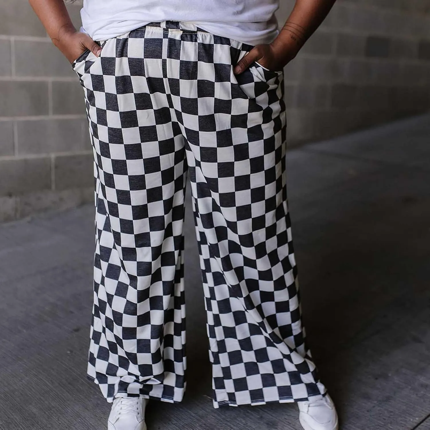 Womens Checkered Wide Leg Pants Y2K High Waisted Straight Plaid Trousers Gingham Baggy Lounge Streetwear with Pocket