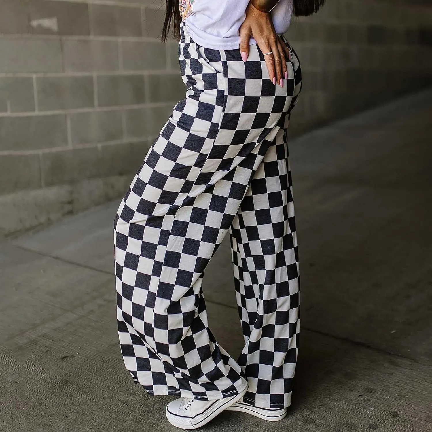 Womens Checkered Wide Leg Pants Y2K High Waisted Straight Plaid Trousers Gingham Baggy Lounge Streetwear with Pocket