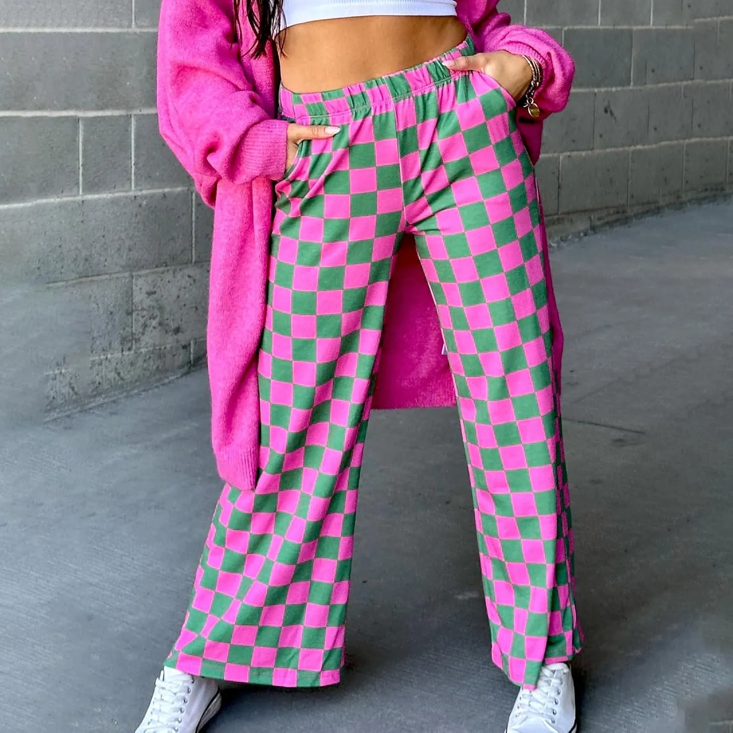 Womens Checkered Wide Leg Pants Y2K High Waisted Straight Plaid Trousers Gingham Baggy Lounge Streetwear with Pocket
