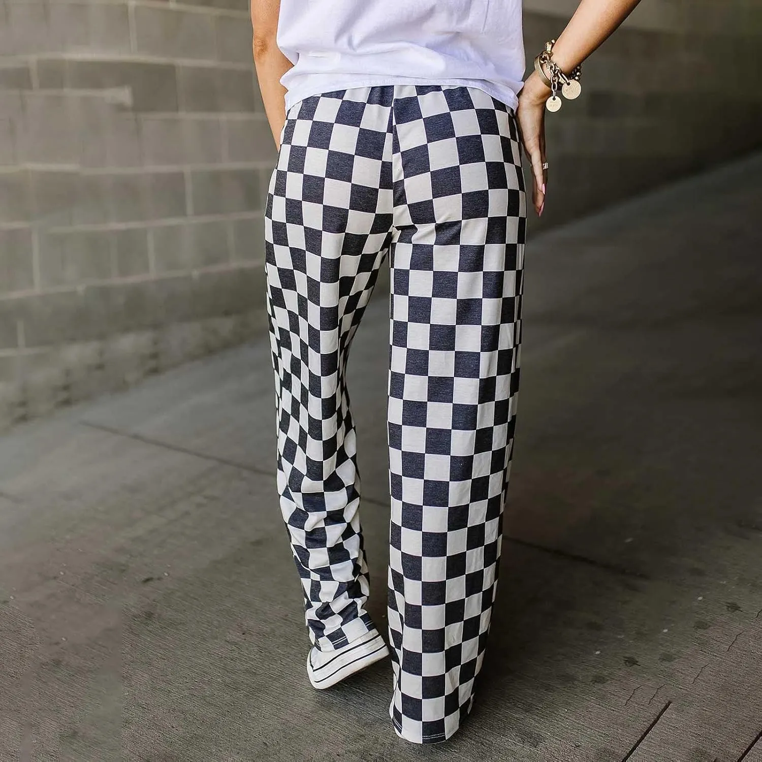 Womens Checkered Wide Leg Pants Y2K High Waisted Straight Plaid Trousers Gingham Baggy Lounge Streetwear with Pocket