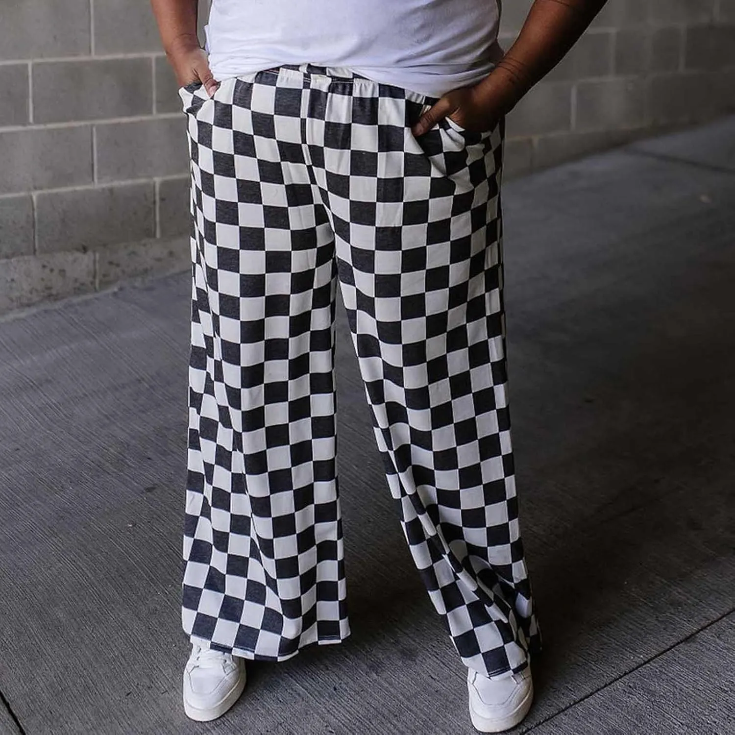Womens Checkered Wide Leg Pants Y2K High Waisted Straight Plaid Trousers Gingham Baggy Lounge Streetwear with Pocket