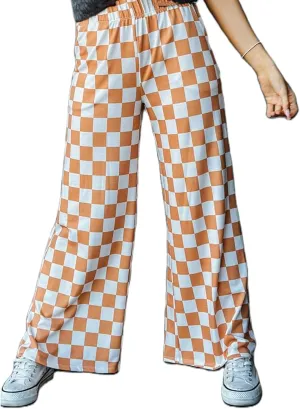Womens Checkered Wide Leg Pants Y2K High Waisted Straight Plaid Trousers Gingham Baggy Lounge Streetwear with Pocket