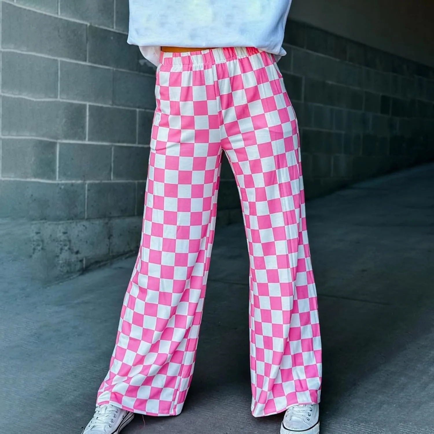 Womens Checkered Wide Leg Pants Y2K High Waisted Straight Plaid Trousers Gingham Baggy Lounge Streetwear with Pocket