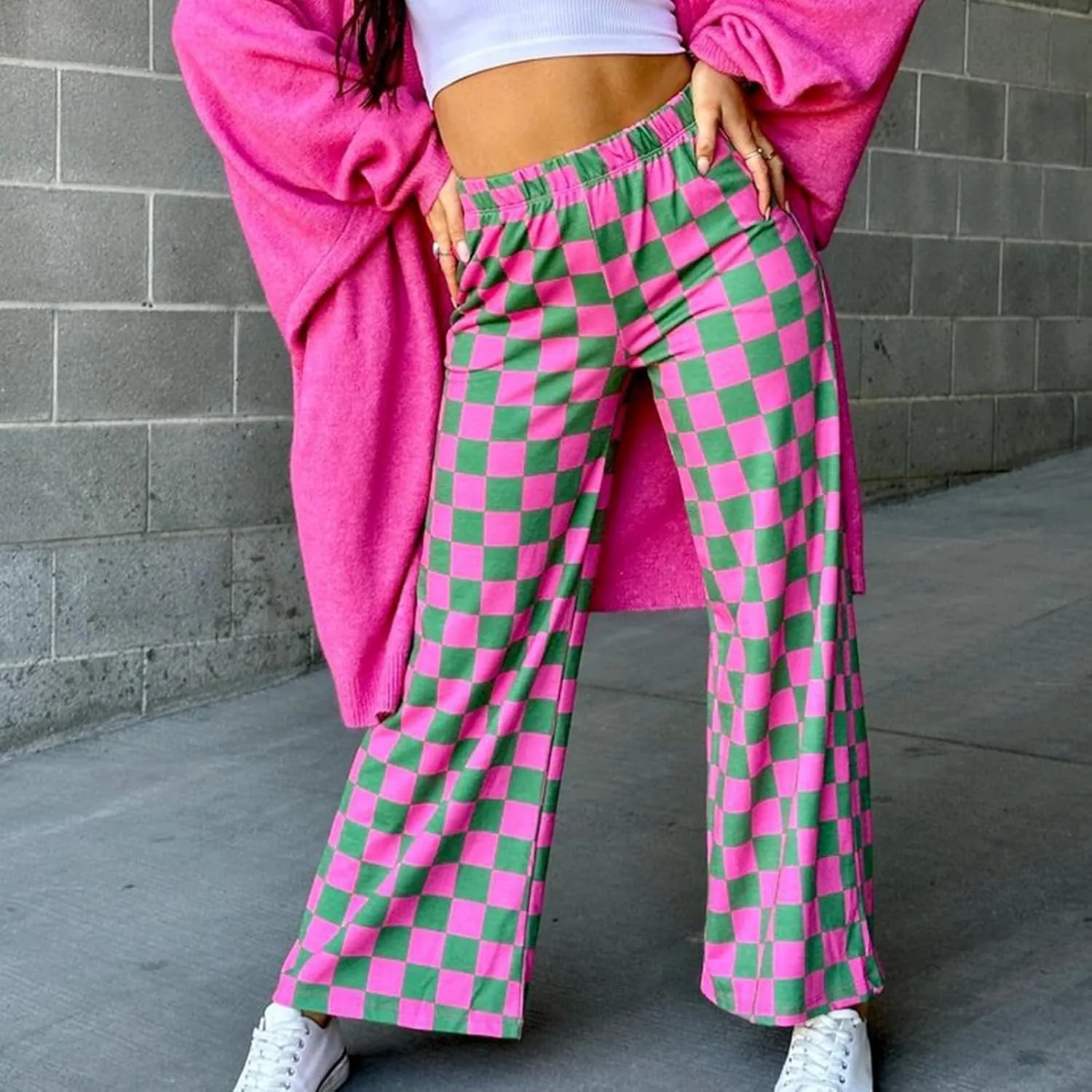 Womens Checkered Wide Leg Pants Y2K High Waisted Straight Plaid Trousers Gingham Baggy Lounge Streetwear with Pocket
