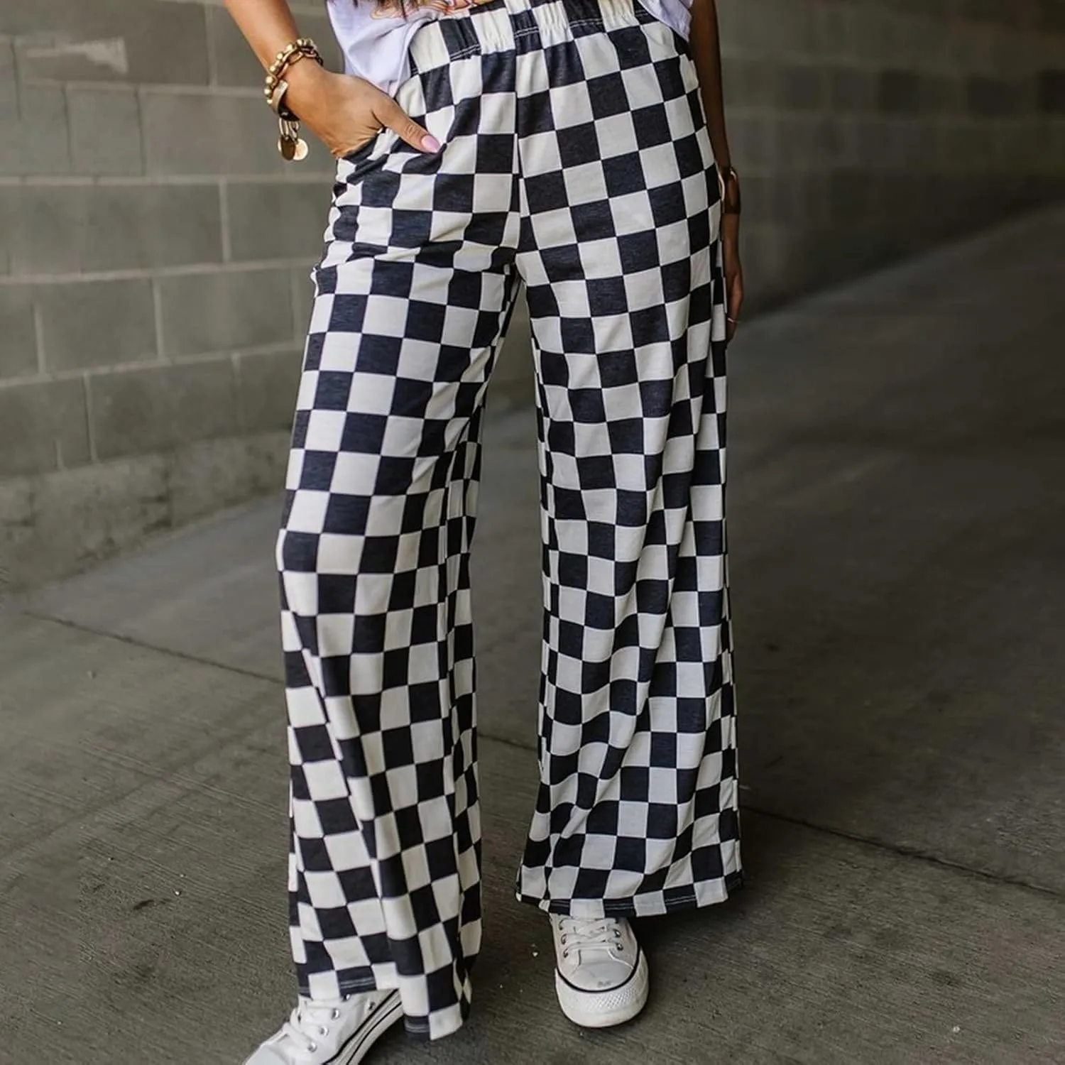 Womens Checkered Wide Leg Pants Y2K High Waisted Straight Plaid Trousers Gingham Baggy Lounge Streetwear with Pocket